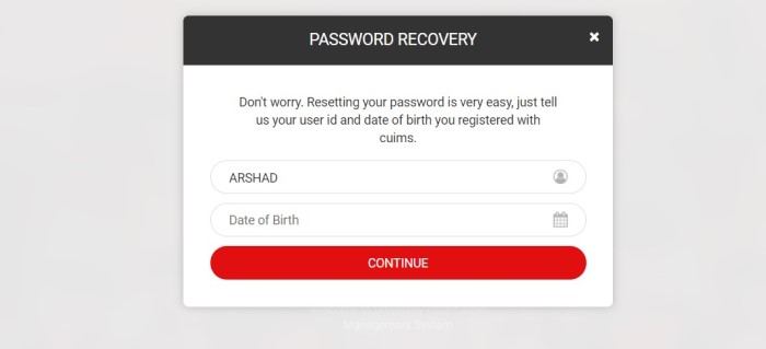 CUIMS Login password reset enter